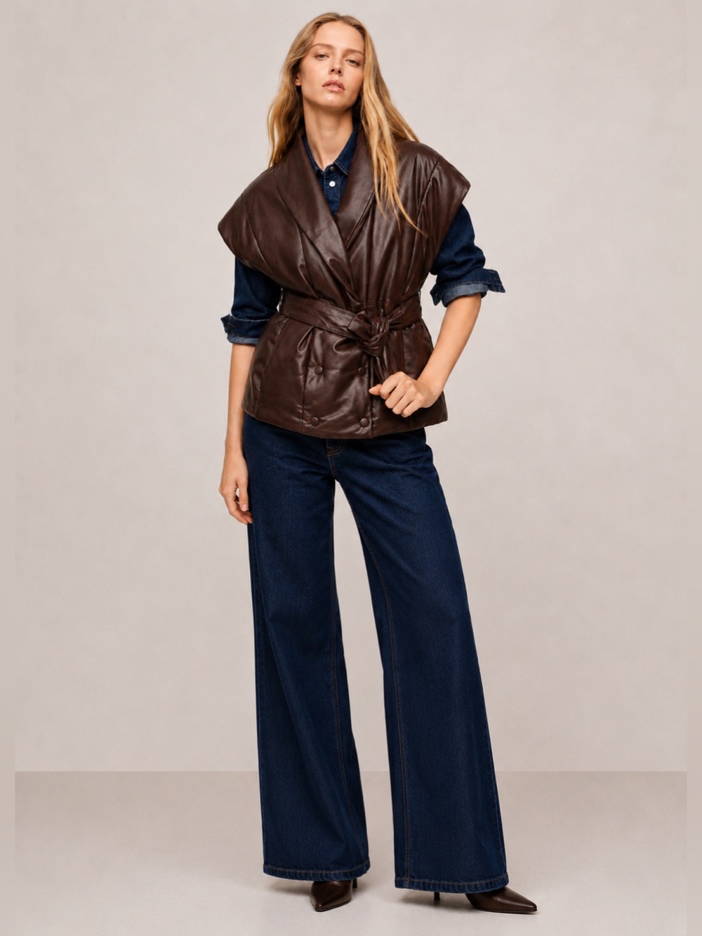 Jason Wu Collection Brown Faux Leather Double Breasted Belted Vest Large NWT